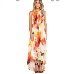 Alice + Olivia Ryan High Neck Leather T-Back Maxi Dress in Sunset Blur, size 8